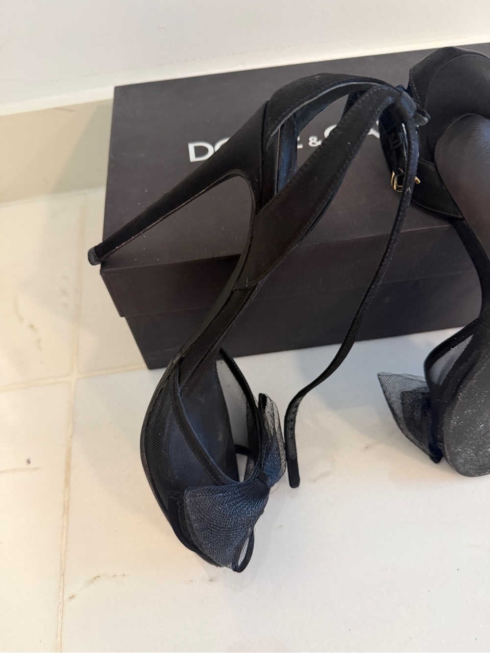 Dolce & Gabbana Black Mesh Bow Ankle-Strap Stilettos